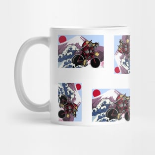 Japanese Samurai Cycling through Rushing Waves Mug